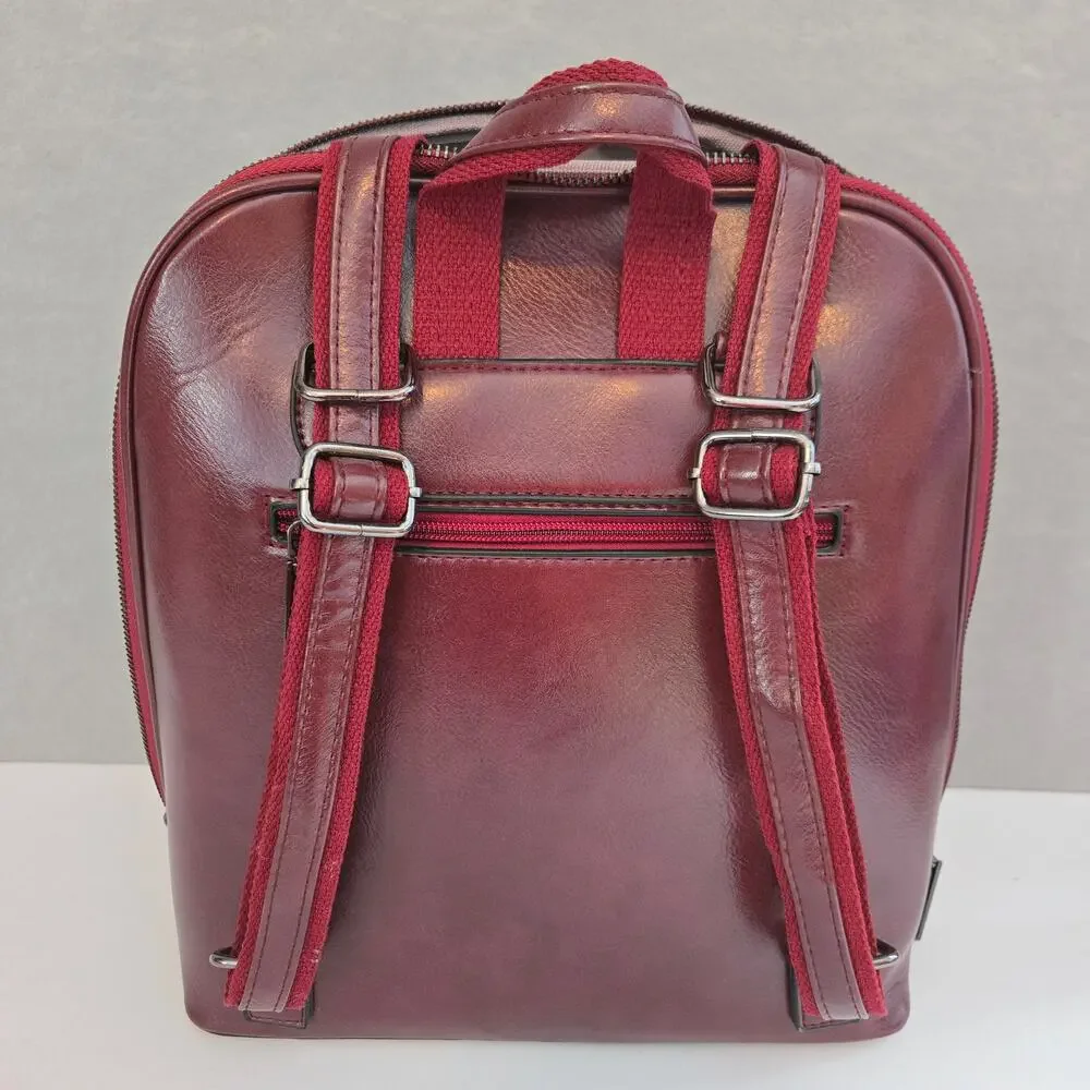 Backpack Mid-Size Burgundy Hard Shell Faux Leather Zipper Closure Adj Straps NEW